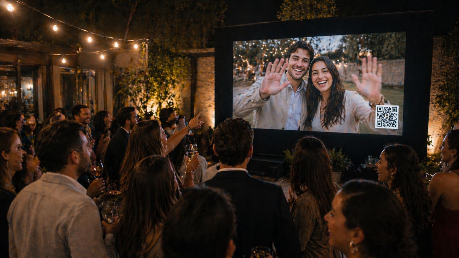 Guests watching shared event photos on a large screen